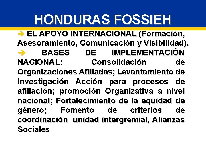 HONDURAS FOSSIEH è EL APOYO INTERNACIONAL (Formación, Asesoramiento, Comunicaciòn y Visibilidad). è BASES DE