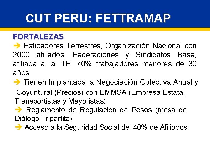 CUT PERU: FETTRAMAP FORTALEZAS è Estibadores Terrestres, Organización Nacional con 2000 afiliados, Federaciones y