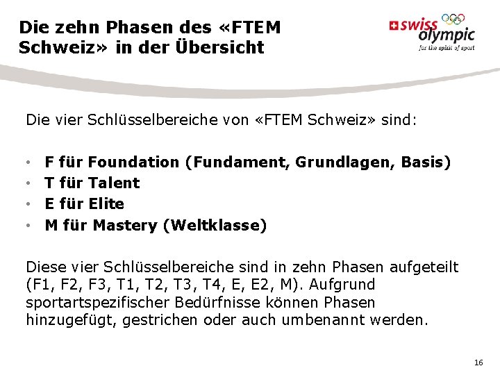 Die zehn Phasen des «FTEM Schweiz» in der Übersicht Die vier Schlüsselbereiche von «FTEM