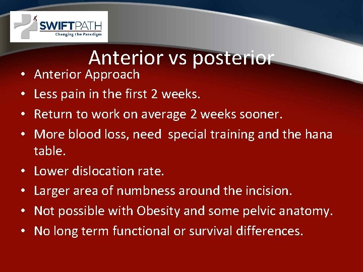  • • Anterior vs posterior Anterior Approach Less pain in the first 2