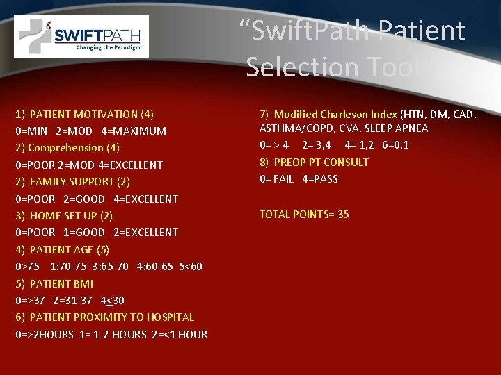 “Swift. Path Patient Selection Tool” 1) PATIENT MOTIVATION (4) 0=MIN 2=MOD 4=MAXIMUM 2) Comprehension