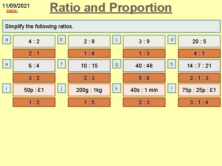 11/09/2021 Starter: Ratio and Proportion Simplify the following ratios. a 4: 2 b 2: