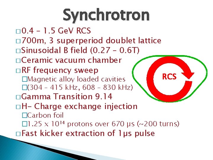 Synchrotron � 0. 4 – 1. 5 Ge. V RCS � 700 m, 3