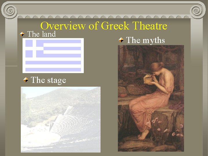 Overview of Greek Theatre The land The stage The myths 