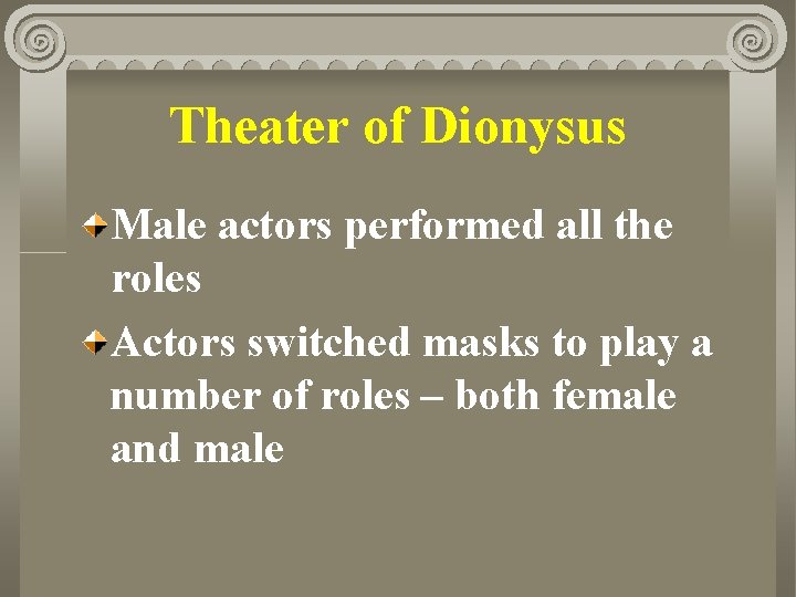Theater of Dionysus Male actors performed all the roles Actors switched masks to play