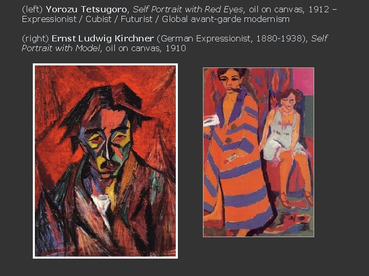 (left) Yorozu Tetsugoro, Self Portrait with Red Eyes, oil on canvas, 1912 – Expressionist