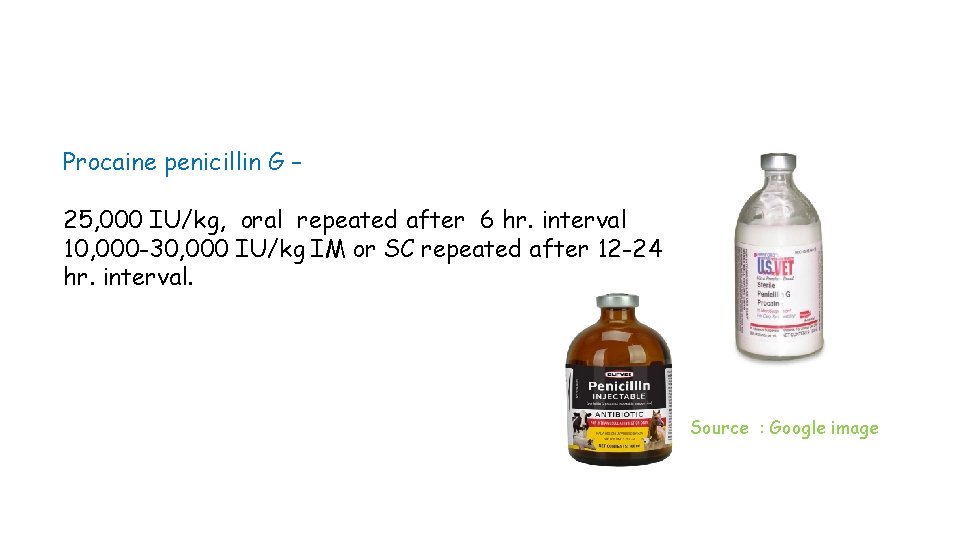 Procaine penicillin G – 25, 000 IU/kg, oral repeated after 6 hr. interval 10,