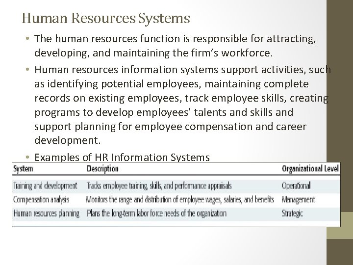 Human Resources Systems • The human resources function is responsible for attracting, developing, and