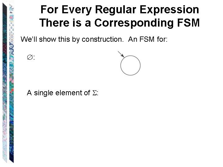 For Every Regular Expression There is a Corresponding FSM We’ll show this by construction. For Every Regular Expression There is a Corresponding FSM We’ll show this by construction.