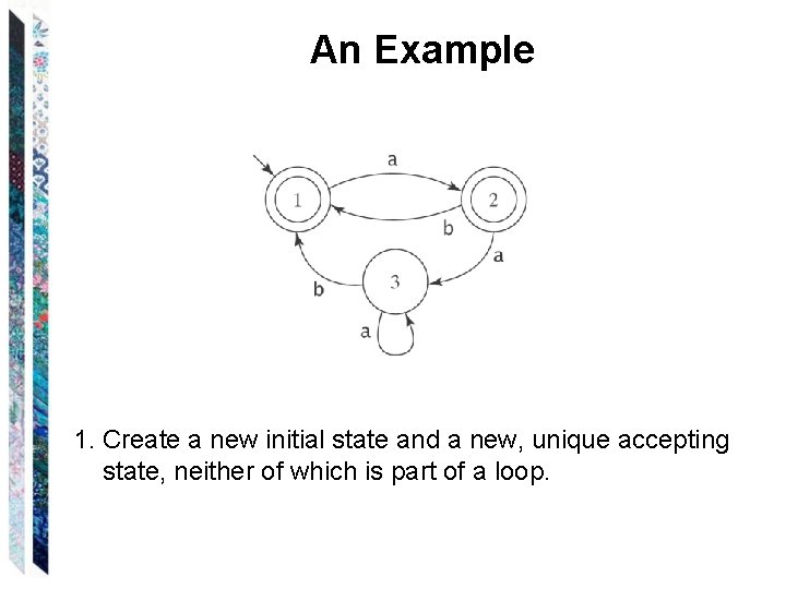 An Example 1. Create a new initial state and a new, unique accepting state, An Example 1. Create a new initial state and a new, unique accepting state,