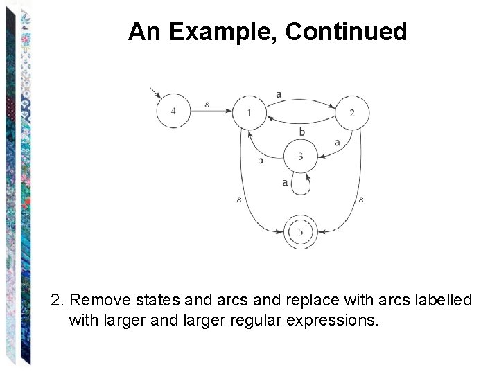 An Example, Continued 2. Remove states and arcs and replace with arcs labelled with An Example, Continued 2. Remove states and arcs and replace with arcs labelled with