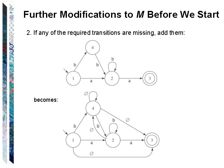 Further Modifications to M Before We Start 2. If any of the required transitions Further Modifications to M Before We Start 2. If any of the required transitions