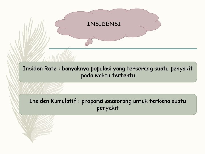 INSIDENSI Insiden Rate : banyaknya populasi yang terserang suatu penyakit pada waktu tertentu Insiden