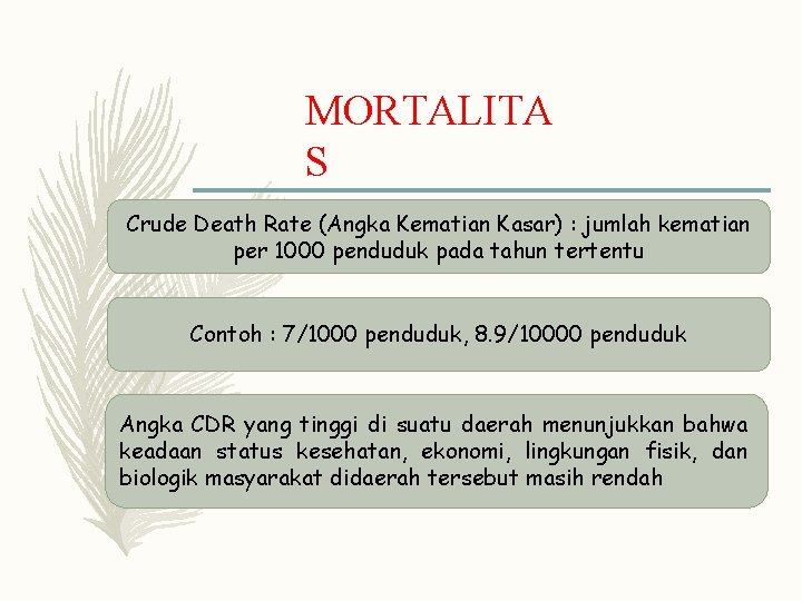 MORTALITA S Crude Death Rate (Angka Kematian Kasar) : jumlah kematian per 1000 penduduk