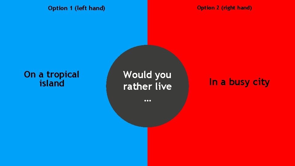 Option 1 (left hand) On a tropical island Option 2 (right hand) Would you