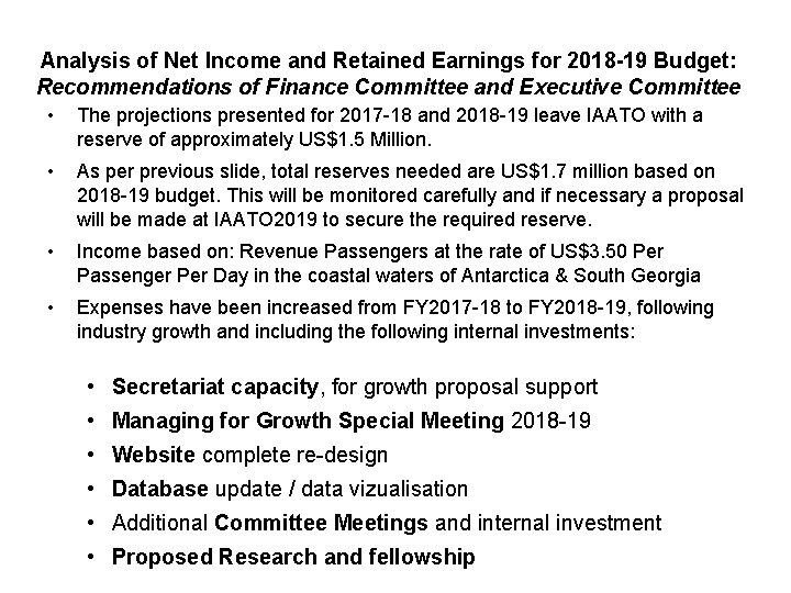 Analysis of Net Income and Retained Earnings for 2018 -19 Budget: Recommendations of Finance