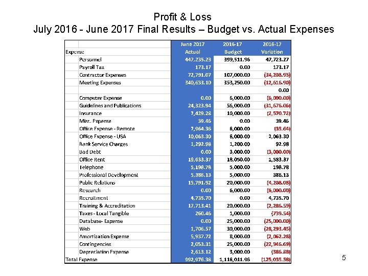 Profit & Loss July 2016 - June 2017 Final Results – Budget vs. Actual