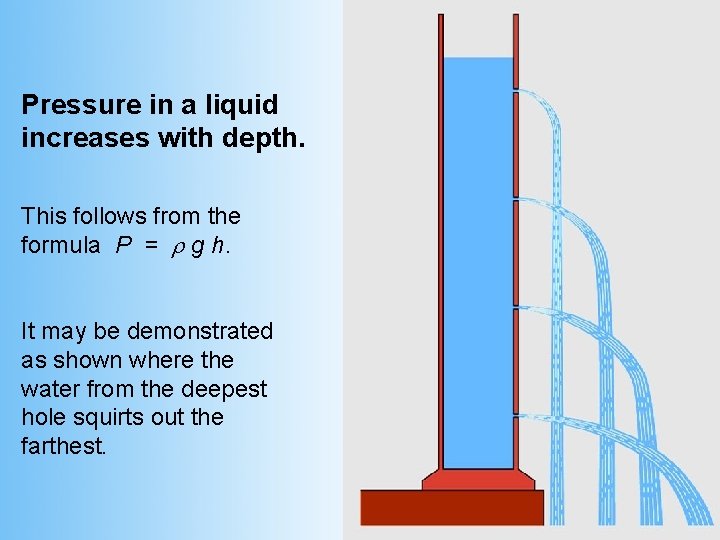 Pressure in a liquid increases with depth. This follows from the formula P =