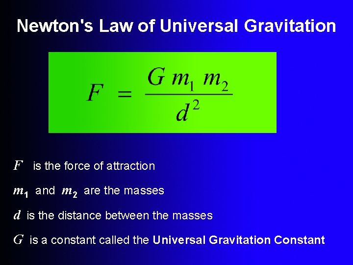 Newton's Law of Universal Gravitation F is the force of attraction m 1 and