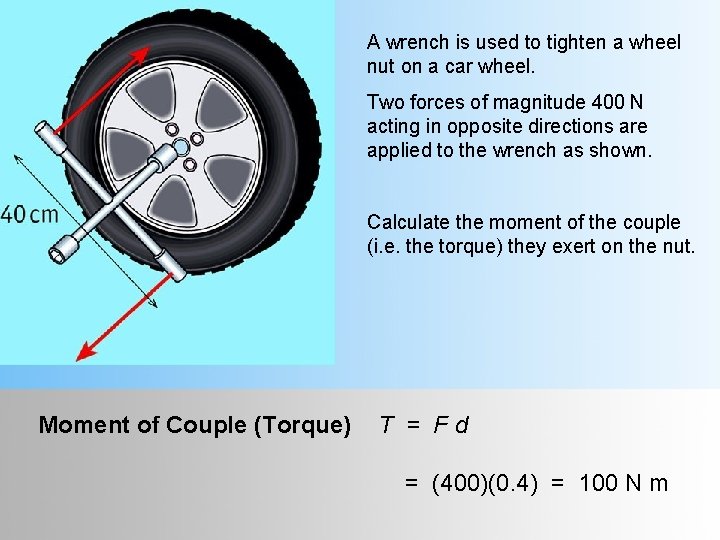 A wrench is used to tighten a wheel nut on a car wheel. Two