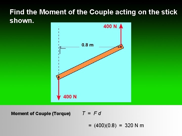 Find the Moment of the Couple acting on the stick shown. Moment of Couple