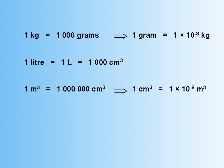 1 kg = 1 000 grams 1 gram = 1 × 10 -3 kg