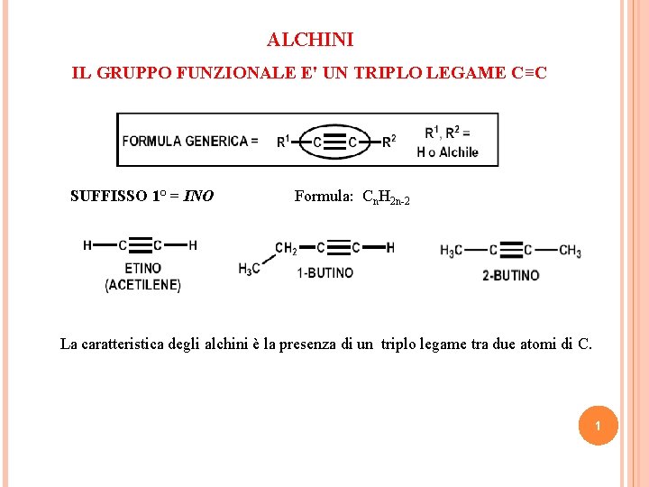 ALCHINI IL GRUPPO FUNZIONALE E' UN TRIPLO LEGAME C≡C SUFFISSO 1° = INO Formula: