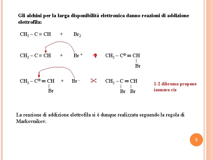 Gli alchini per la larga disponibilità elettronica danno reazioni di addizione elettrofila: CH 3