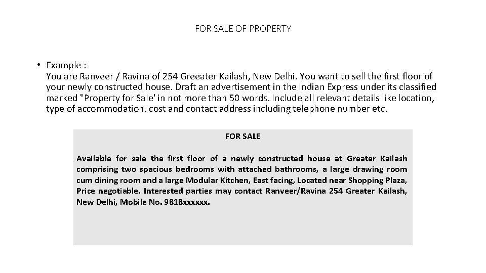 FOR SALE OF PROPERTY • Example : You are Ranveer / Ravina of 254
