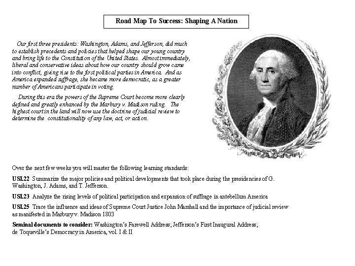 Road Map To Success: Shaping A Nation Our first three presidents: Washington, Adams, and