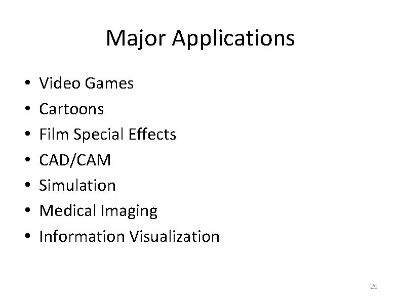 Major Applications • • Video Games Cartoons Film Special Effects CAD/CAM Simulation Medical Imaging