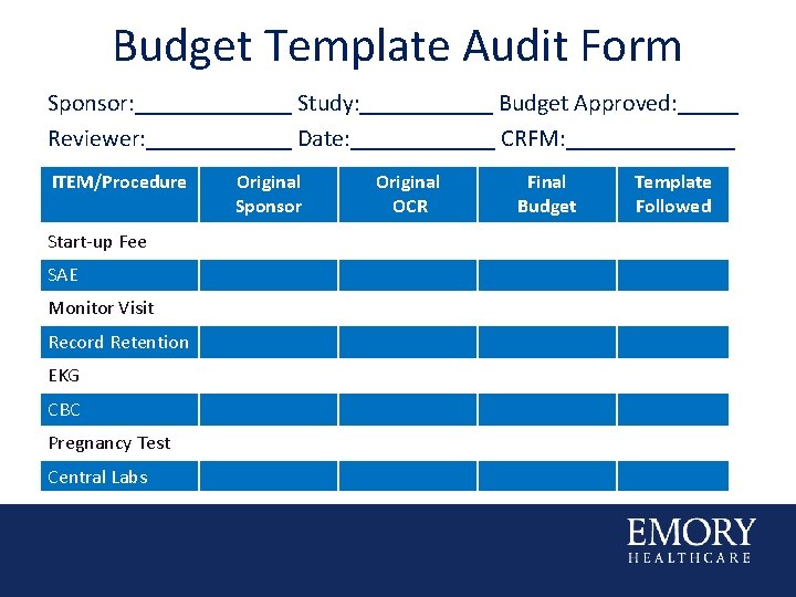 Budget Template Audit Form Sponsor: _______ Study: ______ Budget Approved: _____ Reviewer: ______ Date: