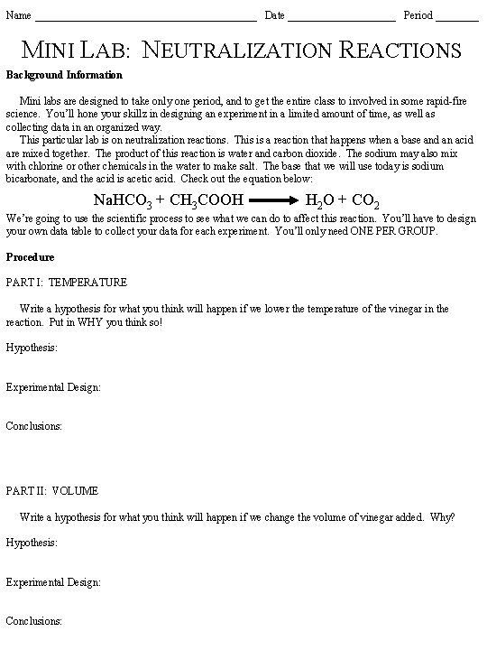 Name _____________________ Date __________ Period ____ MINI LAB: NEUTRALIZATION REACTIONS Background Information Mini labs
