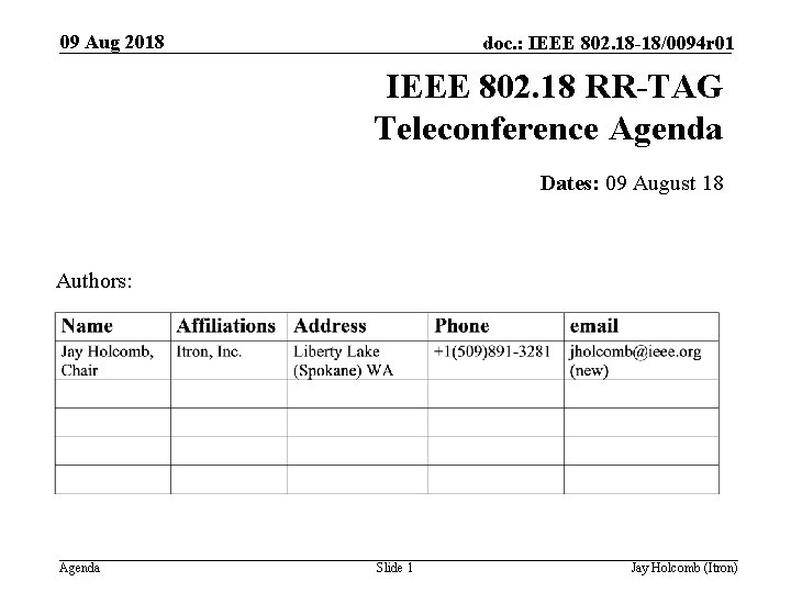 09 Aug 2018 doc. : IEEE 802. 18 -18/0094 r 01 IEEE 802. 18