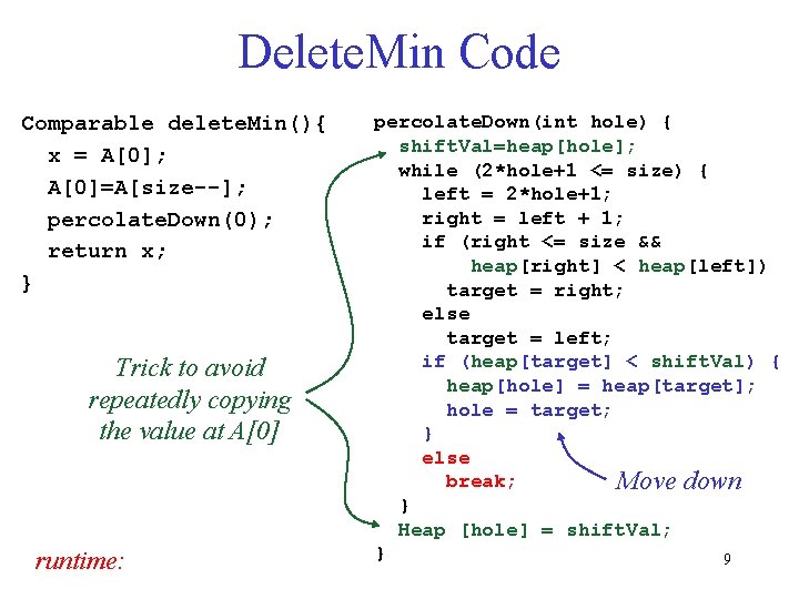 Delete. Min Code Comparable delete. Min(){ x = A[0]; A[0]=A[size--]; percolate. Down(0); return x;