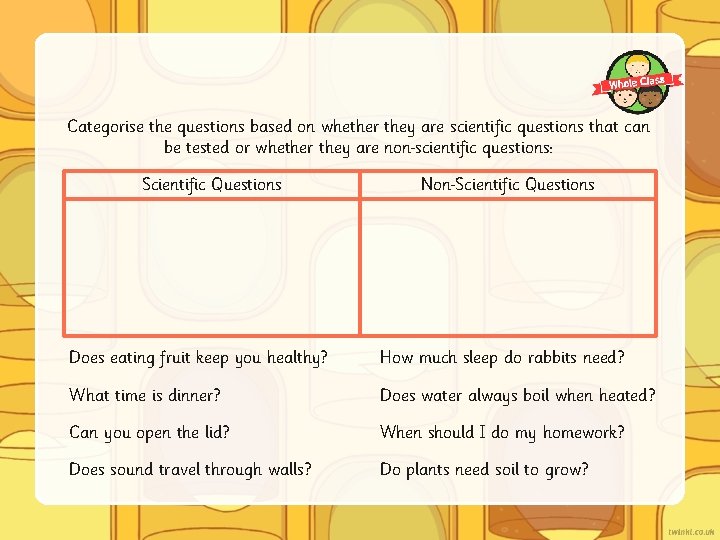 Categorise the questions based on whether they are scientific questions that can be tested
