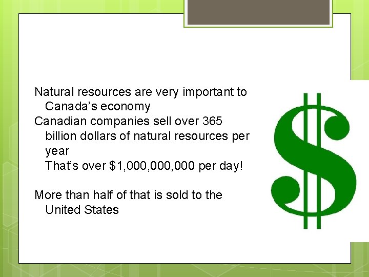 Natural resources are very important to Canada’s economy Canadian companies sell over 365 billion