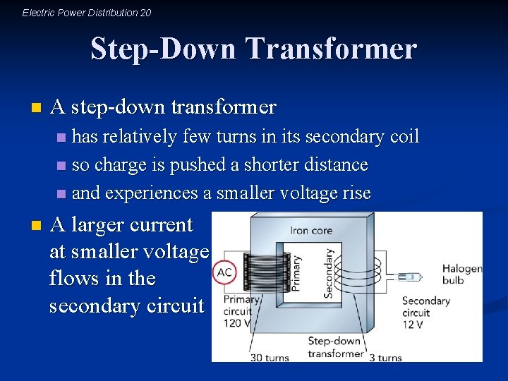 Electric Power Distribution 20 Step-Down Transformer n A step-down transformer has relatively few turns