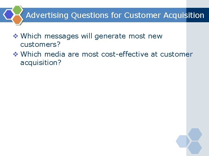 Advertising Questions for Customer Acquisition v Which messages will generate most new customers? v