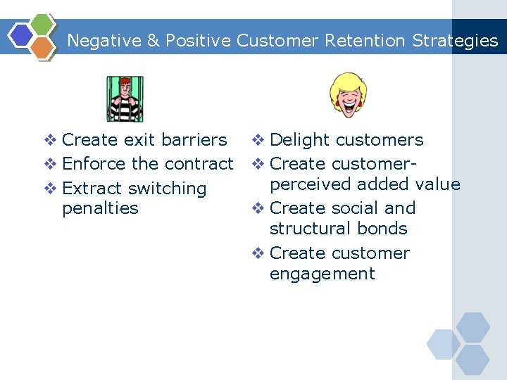 Negative & Positive Customer Retention Strategies v Create exit barriers v Delight customers v