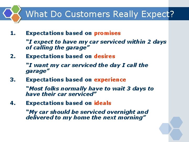 What Do Customers Really Expect? 1. Expectations based on promises “I expect to have