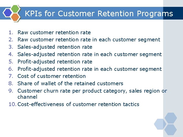 KPIs for Customer Retention Programs 1. 2. 3. 4. 5. 6. 7. 8. 9.