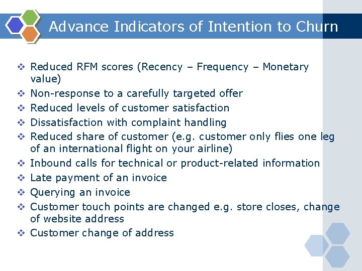 Advance Indicators of Intention to Churn v Reduced RFM scores (Recency – Frequency –