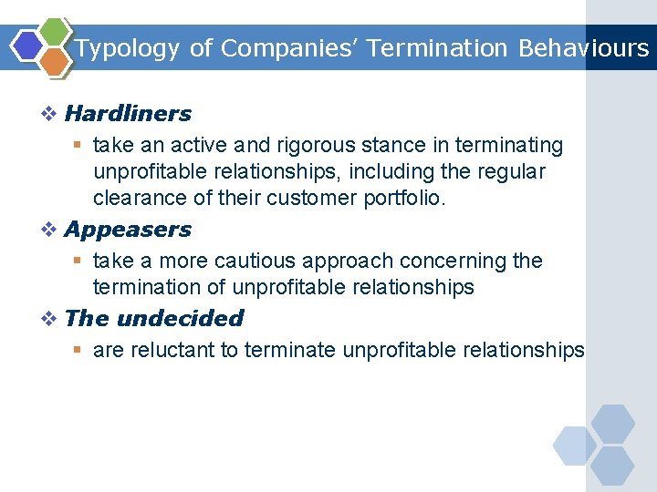 Typology of Companies’ Termination Behaviours v Hardliners § take an active and rigorous stance