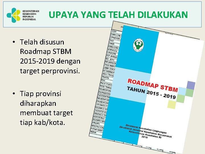 UPAYA YANG TELAH DILAKUKAN • Telah disusun Roadmap STBM 2015 -2019 dengan target perprovinsi.