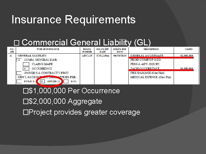Insurance Requirements � Commercial General Liability (GL) �$1, 000 Per Occurrence �$2, 000 Aggregate