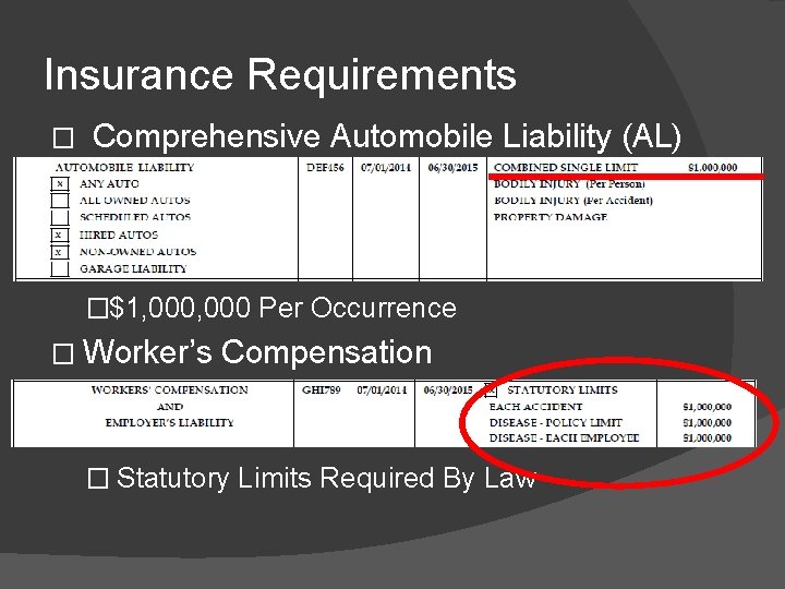 Insurance Requirements � Comprehensive Automobile Liability (AL) � � �$1, 000 Per Occurrence �