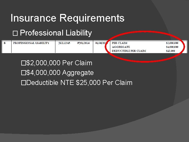 Insurance Requirements � Professional Liability � �$2, 000 Per Claim �$4, 000 Aggregate �Deductible