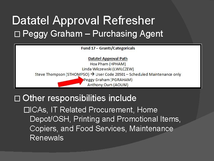 Datatel Approval Refresher � Peggy � Other Graham – Purchasing Agent responsibilities include �ICAs,