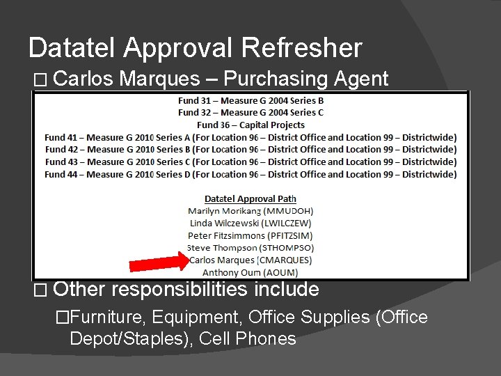 Datatel Approval Refresher � Carlos � Other Marques – Purchasing Agent responsibilities include �Furniture,